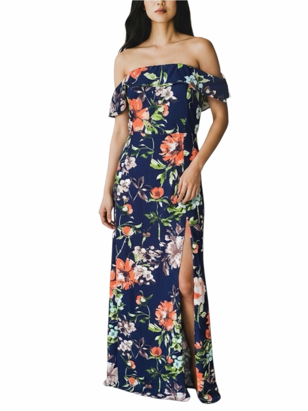 Shinestar Women's Floral Maxi Dress Size Small Navy Blue Off Shoulder Long Slit